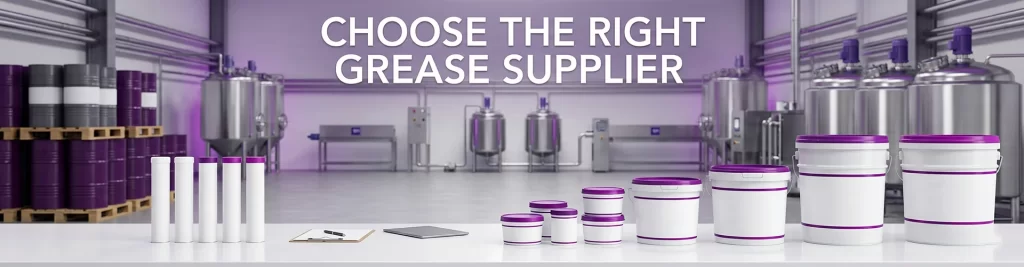 Private label grease products displayed for supplier evaluation at a grease manufacturing facility
