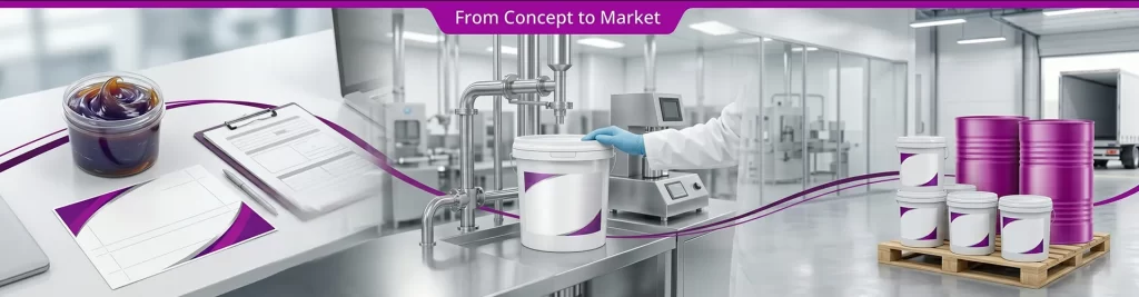 Private label grease moving from product planning through production to warehouse dispatch