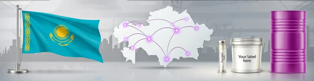Private label grease product range with Kazakhstan map for regional distributor supply