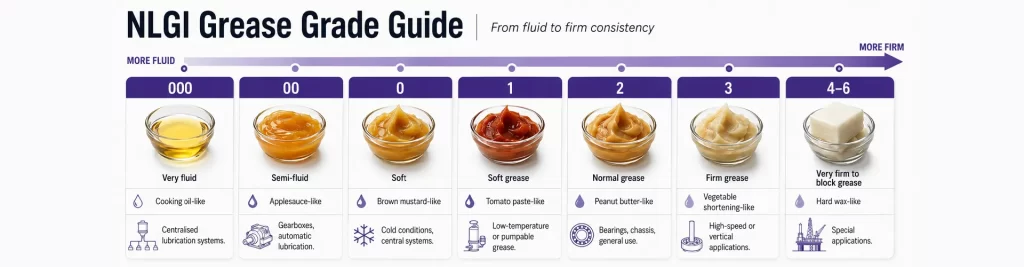 Grease consistency chart showing NLGI grades from 000 to 6