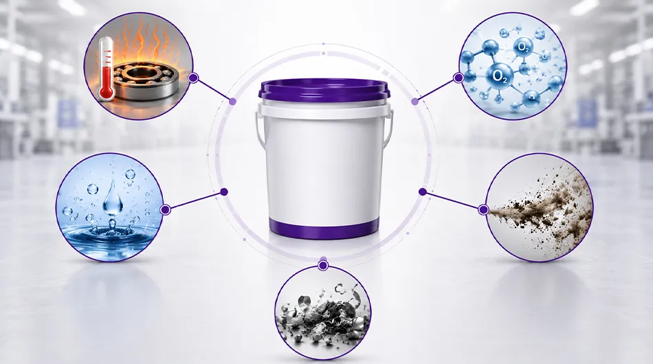 Causes of grease oxidation including heat oxygen moisture dust and metal particles