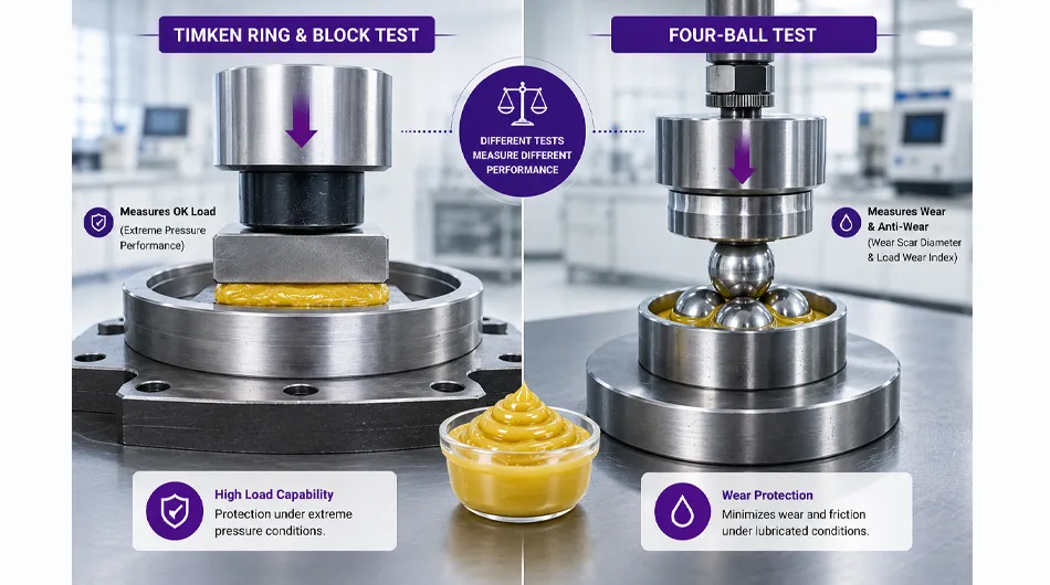 Timken OK Load Test compared with Four Ball Test in grease performance testing
