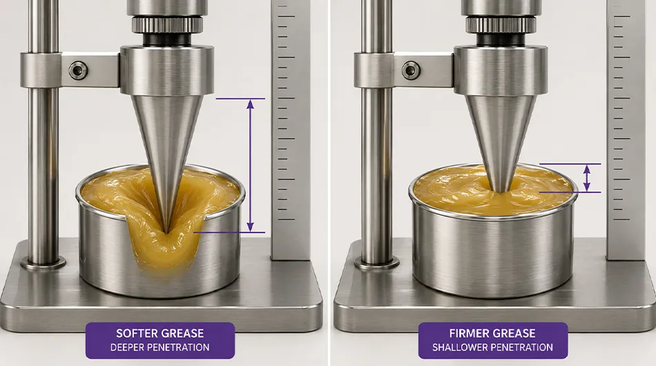 Cone penetration measurement showing softer and firmer grease consistency