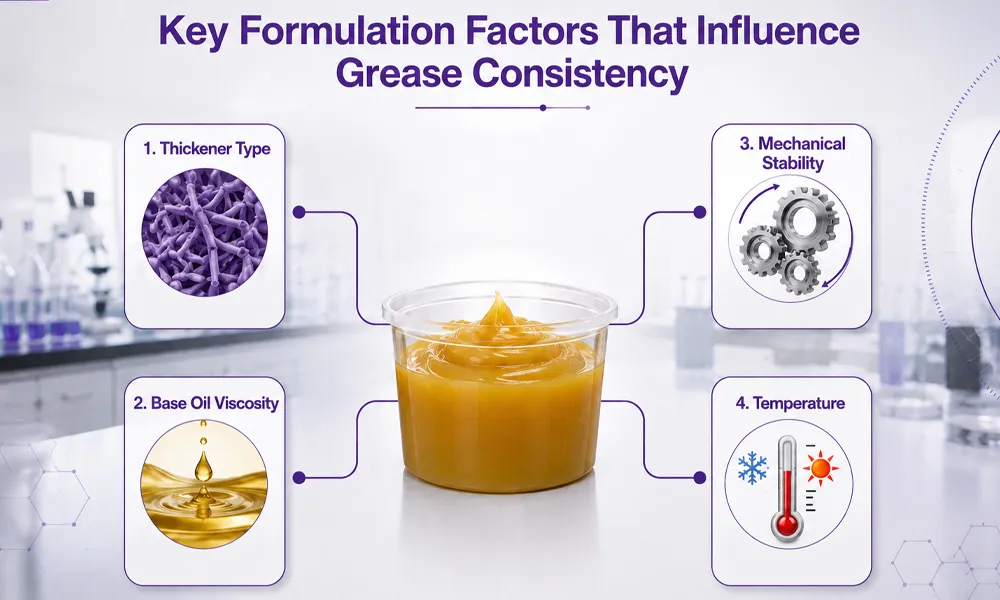 Factors affecting worked penetration in grease including thickener base oil viscosity and mechanical stability