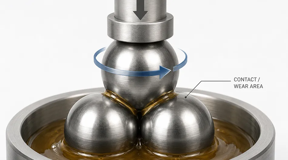 Four Ball Test setup with three fixed steel balls and one rotating ball Four Ball Test setup with three fixed steel balls and one rotating ball