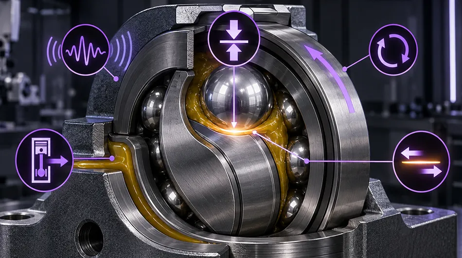 Grease under mechanical stress from load vibration rotation pumping and friction