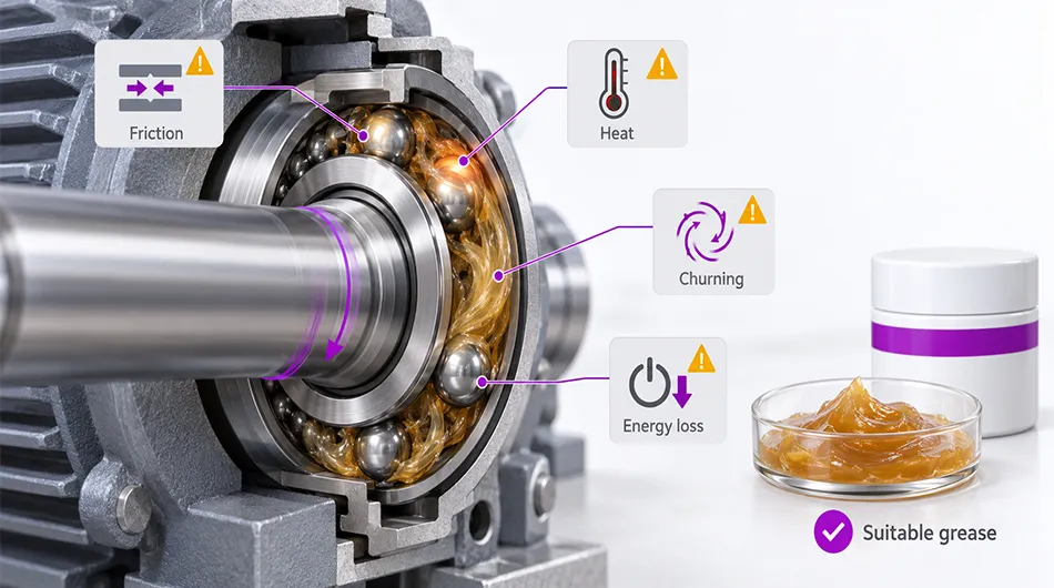 High speed bearing grease challenges including friction heat churning and efficiency loss