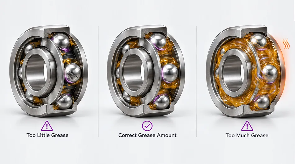 Over greasing and under greasing bearings compared with correct grease application