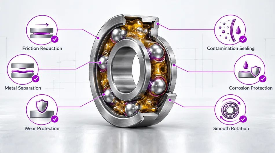 Role of grease in bearing protection including friction reduction wear protection and contamination sealing